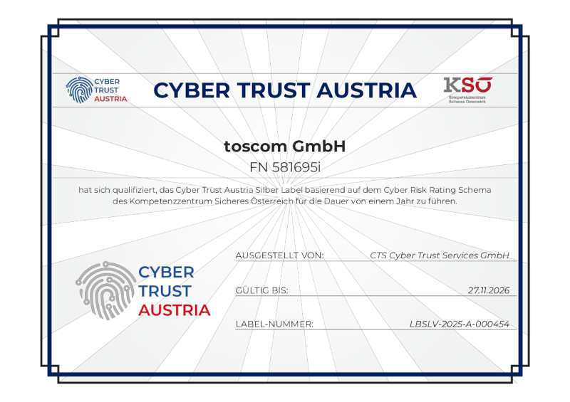 toscom erhält das Cyber Trust Austria Silber-Label